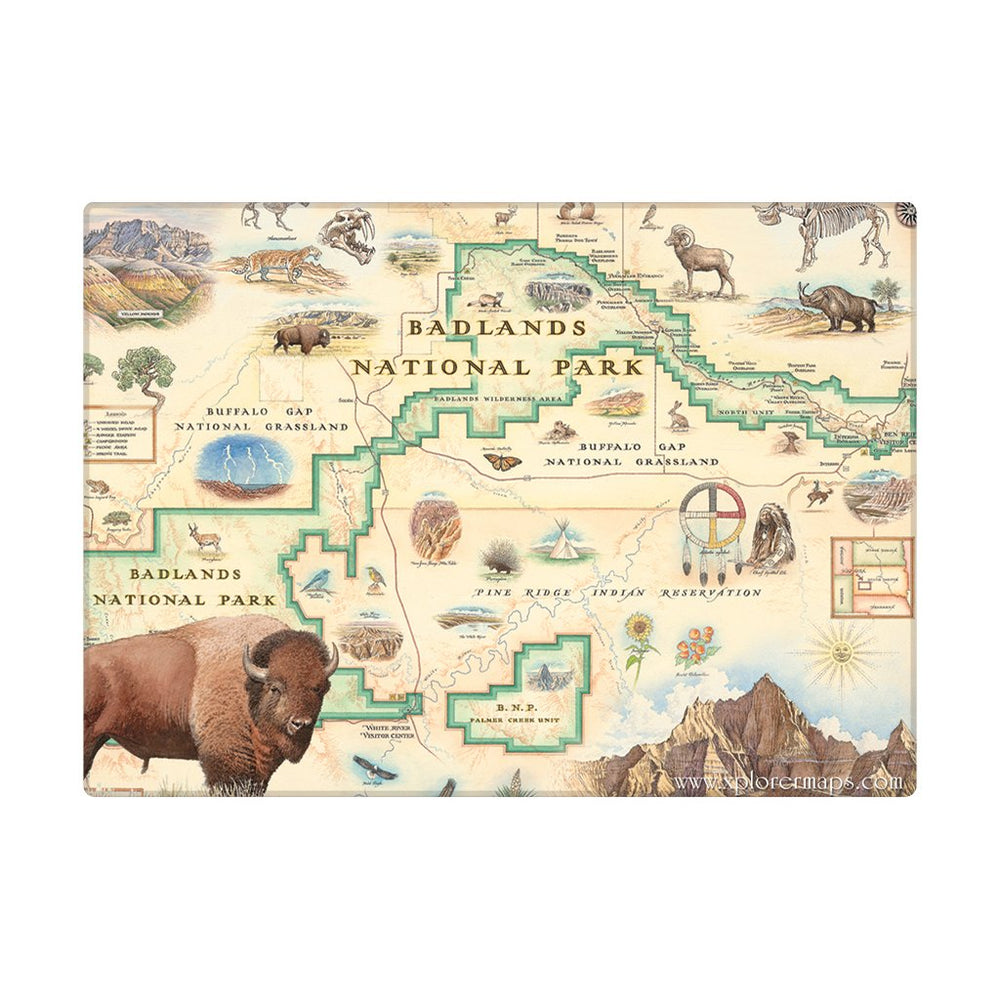 Badlands National Park Map magnet in earth tone colors. Featuring Bison, deer, dinosaurs, Buffalo Gap Grasslands, fox. 