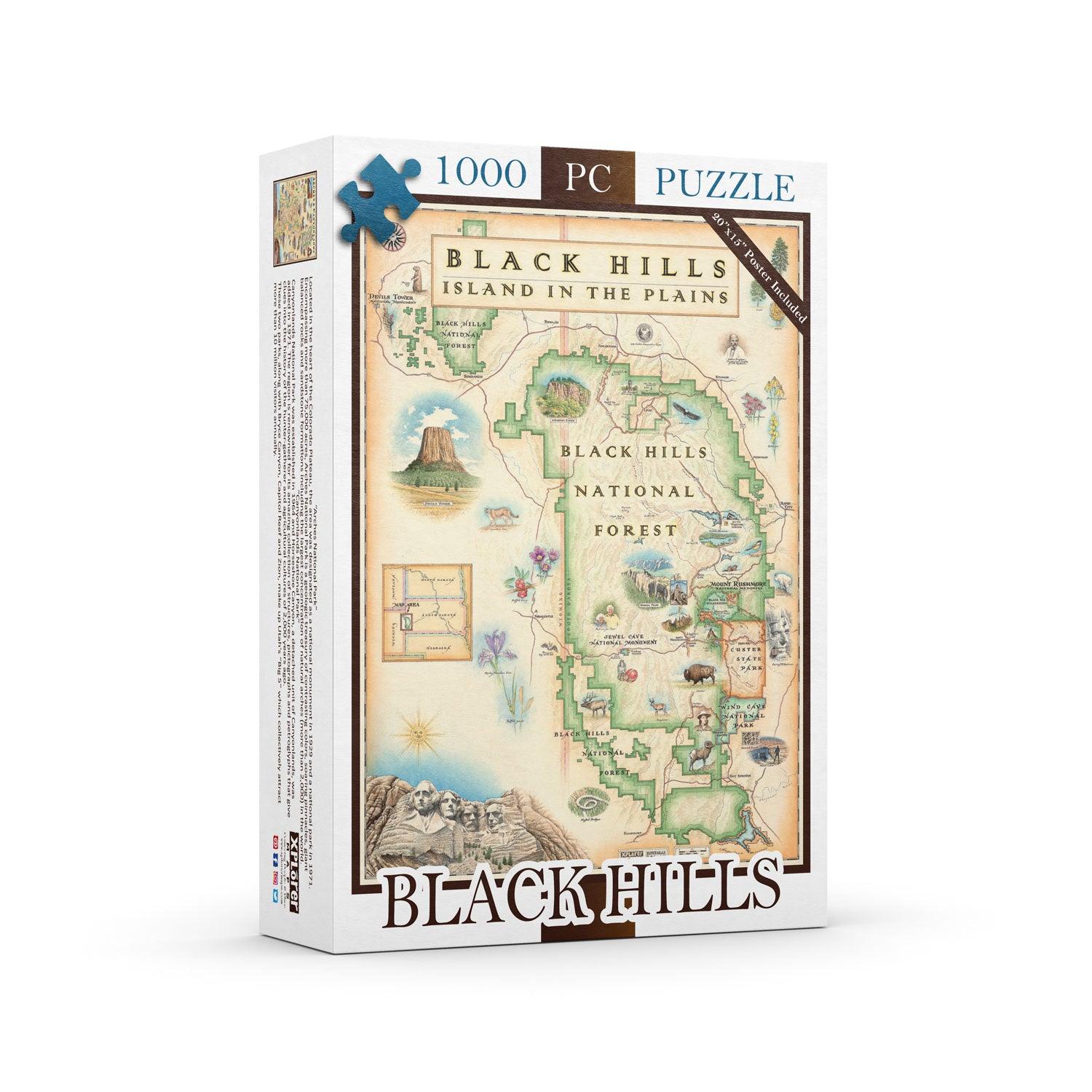 Black Hills National Forest Map 1000-piece puzzle. Black Hills National Forest Map 1000-piece puzzle.  The map features Mount Rushmore, Jewel Cave National Monument, Custer State Park, and Devil's Tower. The map also includes flora and fauna of the area such as Bison, Elk, Big Horn Sheep, Bald Eagle, Rocky Mountain Iris, and Buffalo Berries. 