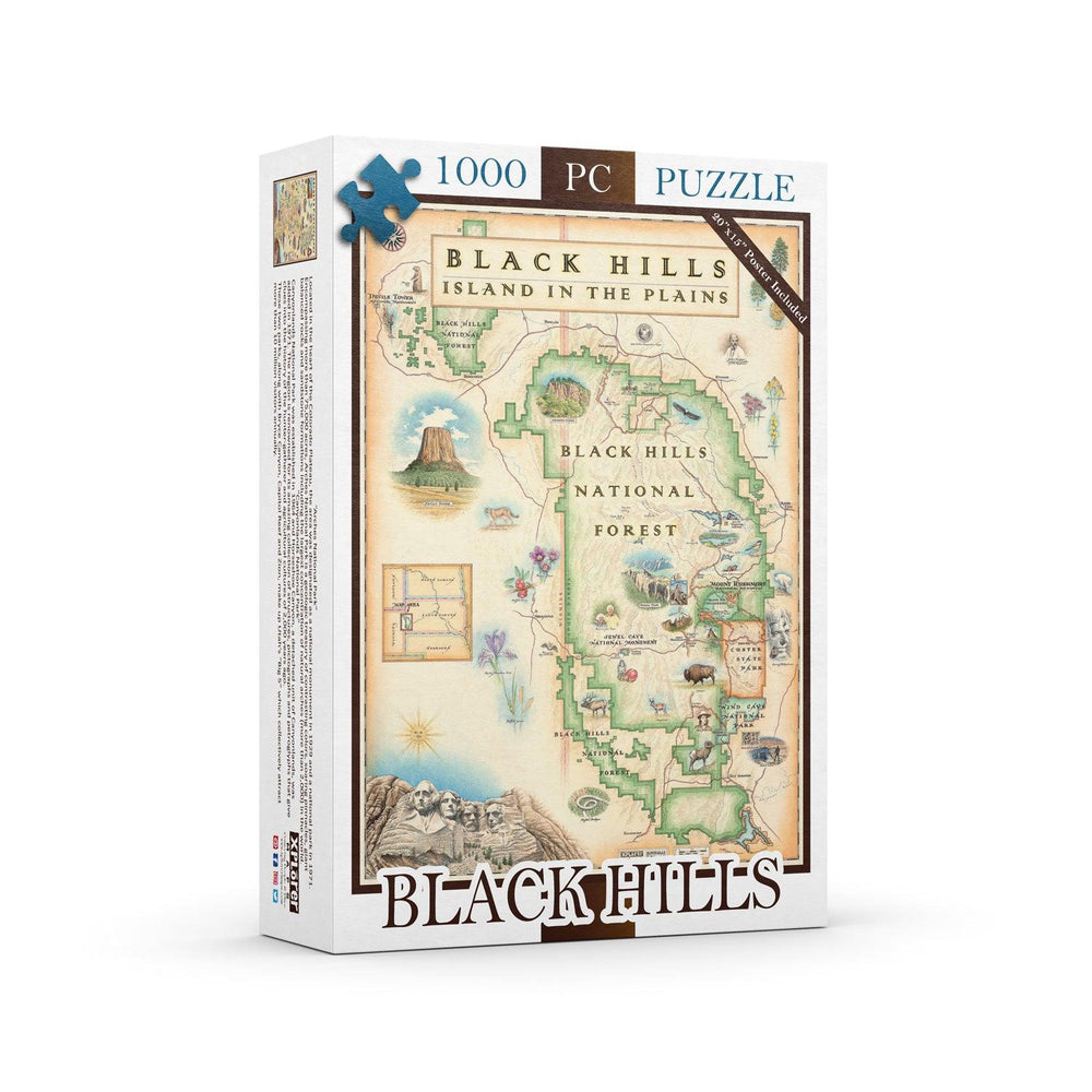 Black Hills National Forest Map 1000-piece puzzle. Black Hills National Forest Map 1000-piece puzzle.  The map features Mount Rushmore, Jewel Cave National Monument, Custer State Park, and Devil's Tower. The map also includes flora and fauna of the area such as Bison, Elk, Big Horn Sheep, Bald Eagle, Rocky Mountain Iris, and Buffalo Berries. 