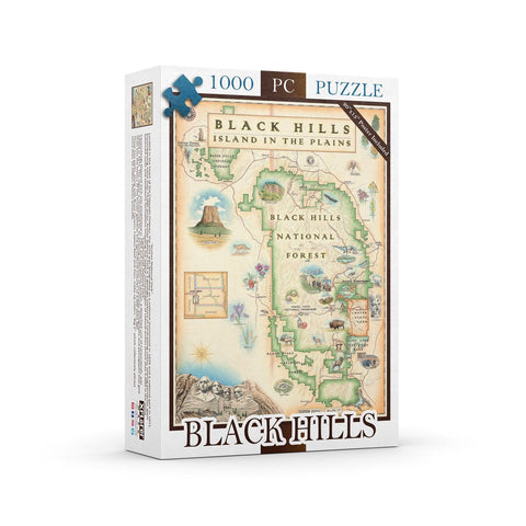 Black Hills National Forest Map 1000-piece puzzle. Black Hills National Forest Map 1000-piece puzzle.  The map features Mount Rushmore, Jewel Cave National Monument, Custer State Park, and Devil's Tower. The map also includes flora and fauna of the area such as Bison, Elk, Big Horn Sheep, Bald Eagle, Rocky Mountain Iris, and Buffalo Berries. 