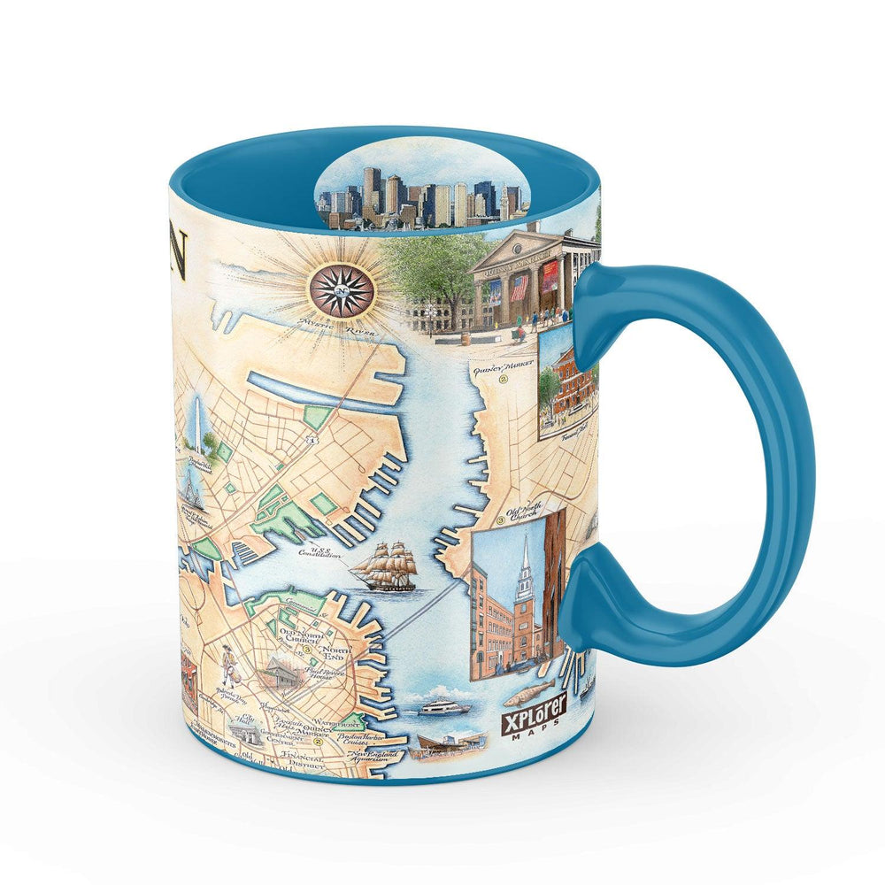 Boston, Massachusetts city map ceramic mug.Featuring Boston strong, the Boston Marathon, Fenway Park, the Museum of Fine Arts, Massachusetts State House, and Bunker Hill Monument. Blue - 16 oz.