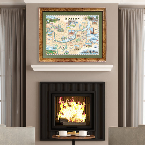 Framed Boston, Massachusetts City Hand-Drawn Map hanging over a fireplace. Featuring Boston strong, the Boston Marathon, Fenway Park, the Museum of Fine Arts, Massachusetts State House, and Bunker Hill Monument.