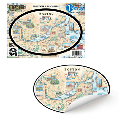 Boston city Map sticker in Earth Tone colors. Featuring Boston strong, Boston Marathon, Fenway Park, Museum of Fine Arts, Massachusetts State House, Bunker Hill Monument.
