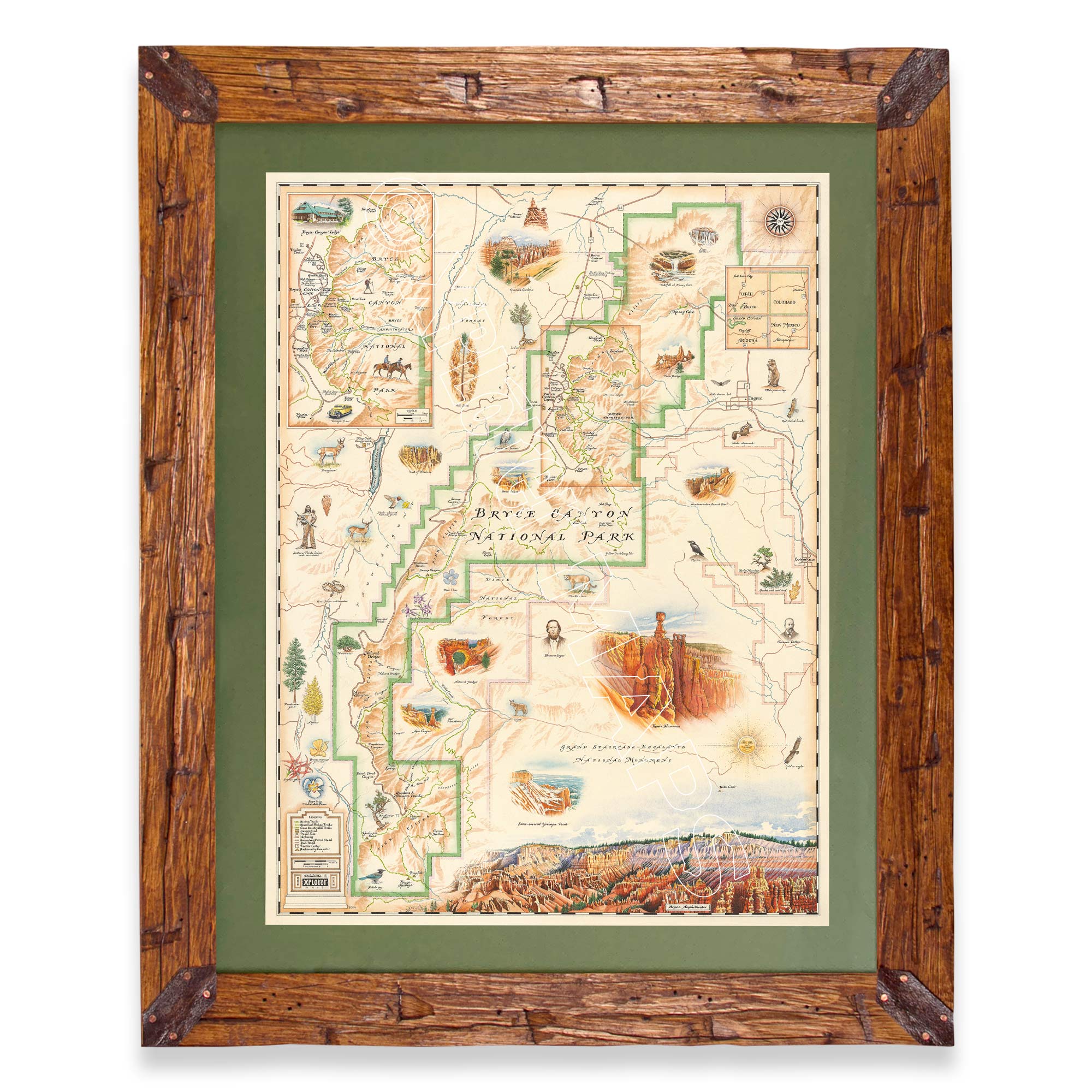 Bryce Canyon National Park hand-drawn map in a Montana hand-scraped pine wood frame with green mat.