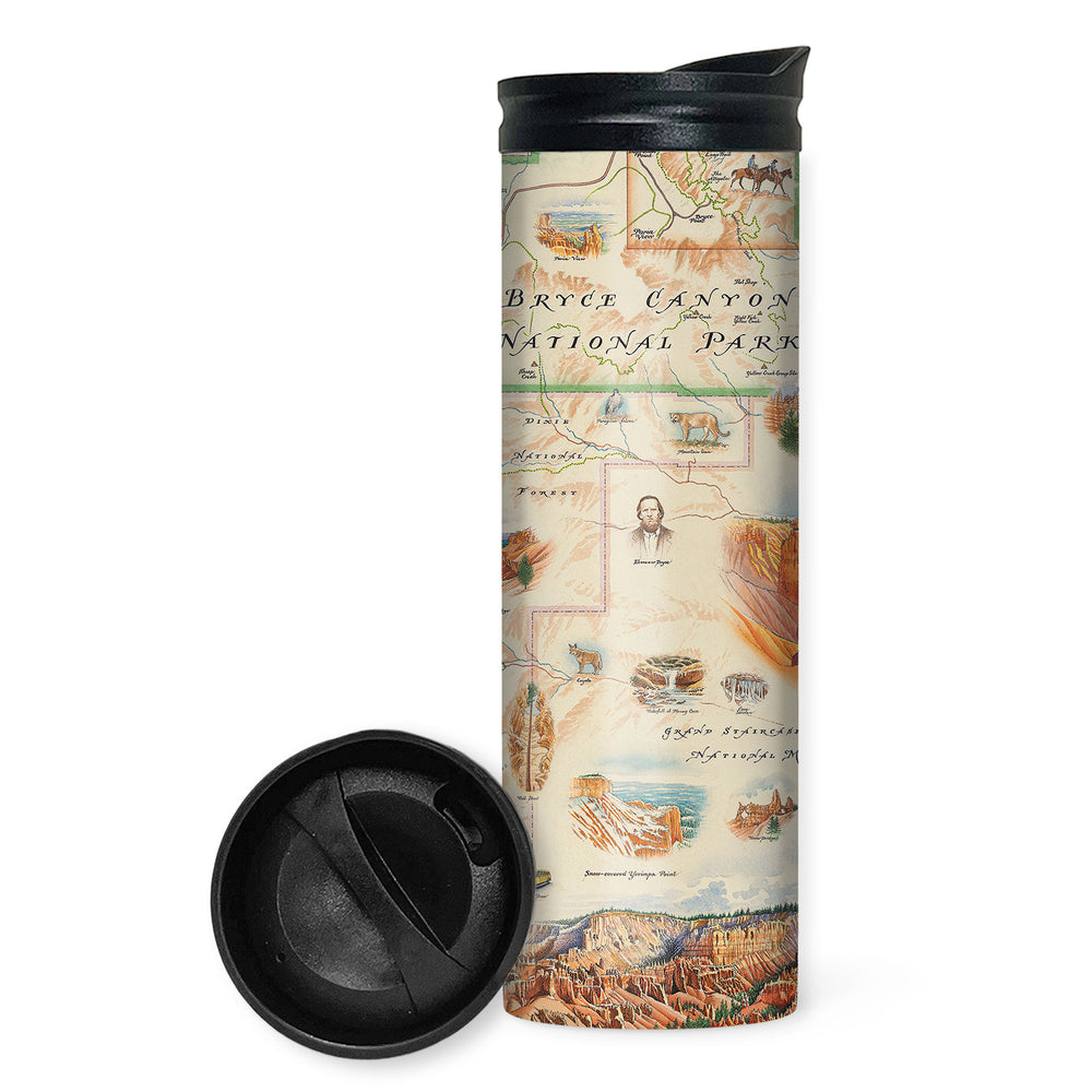 Utah's Bryce Canyon National Park Map Travel Drinkware by Xplorer Maps. Featuring canyons, horseback, hoodoos, Rim Trail, Sunrise Point, Sunset Point, Inspiration Point, and Bryce Point.