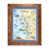 California Central Coast State Hand-Drawn Map in a Montana hand-scraped pine wood frame with blue mat.