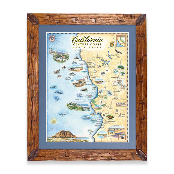 California Central Coast State Hand-Drawn Map in a Montana hand-scraped pine wood frame with blue mat.