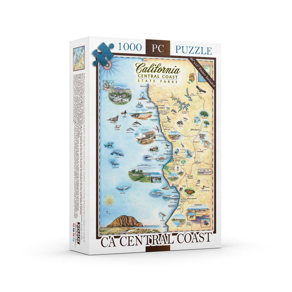 California Central Coast State Map 1000-piece Puzzle. California Central Coast State Map 1000-piece Puzzle. The maps feature black bears, ocean, butterflies, seals, sharks, San Luis Obispo, Arroyo Grand, Hearst Castle, Morrow Bay, and Pismo Beach.
