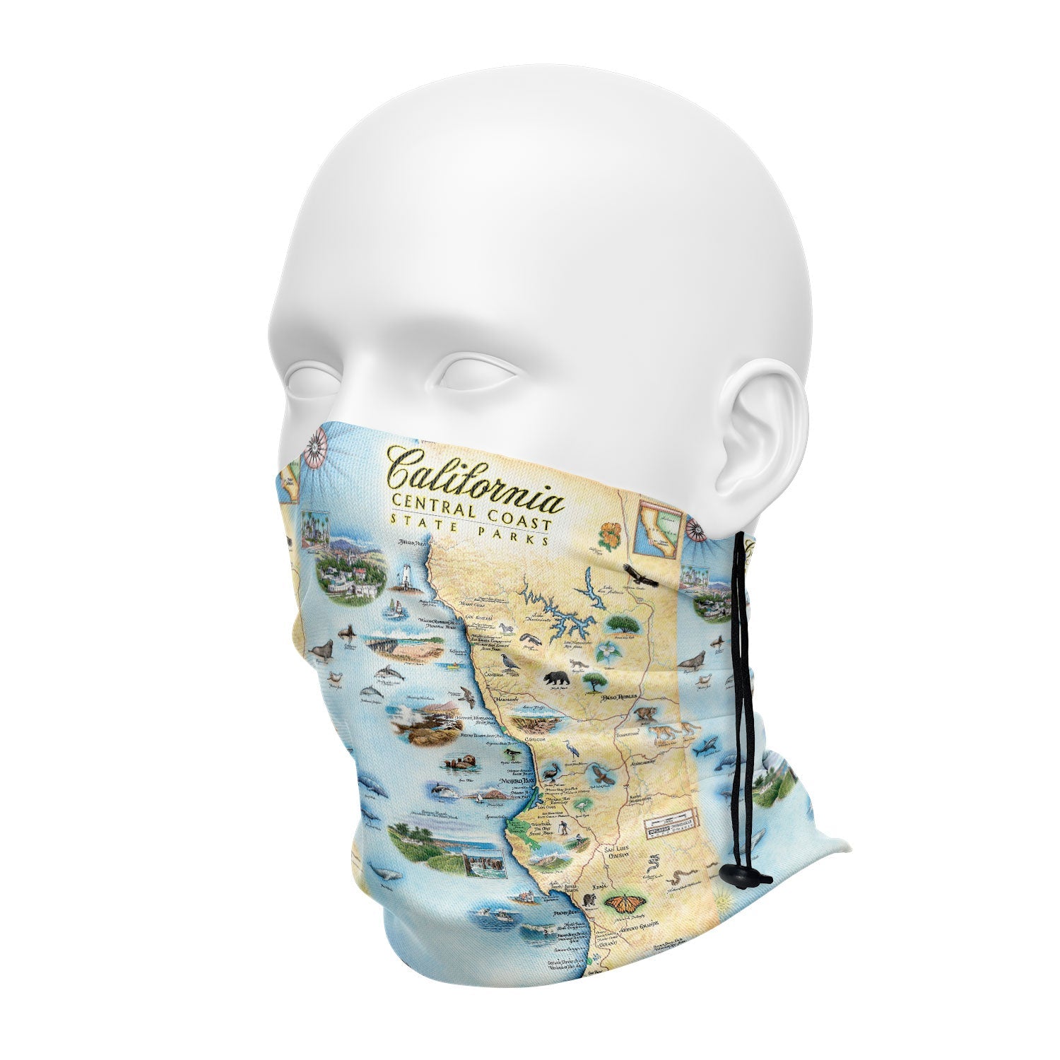 Central California State Parks Map face and neck gaiter in earth tones. Featuring wildlife viewing is abundant with sea life, birding, and terrestrial creatures. Cultural history is rich in the area with the fame of Hearst Castle, Ranchers of Montana De Oro, Dunites of Oceano Dunes, and Native people that have lived on this land for thousands of years from San Francisco to Los Angeles.