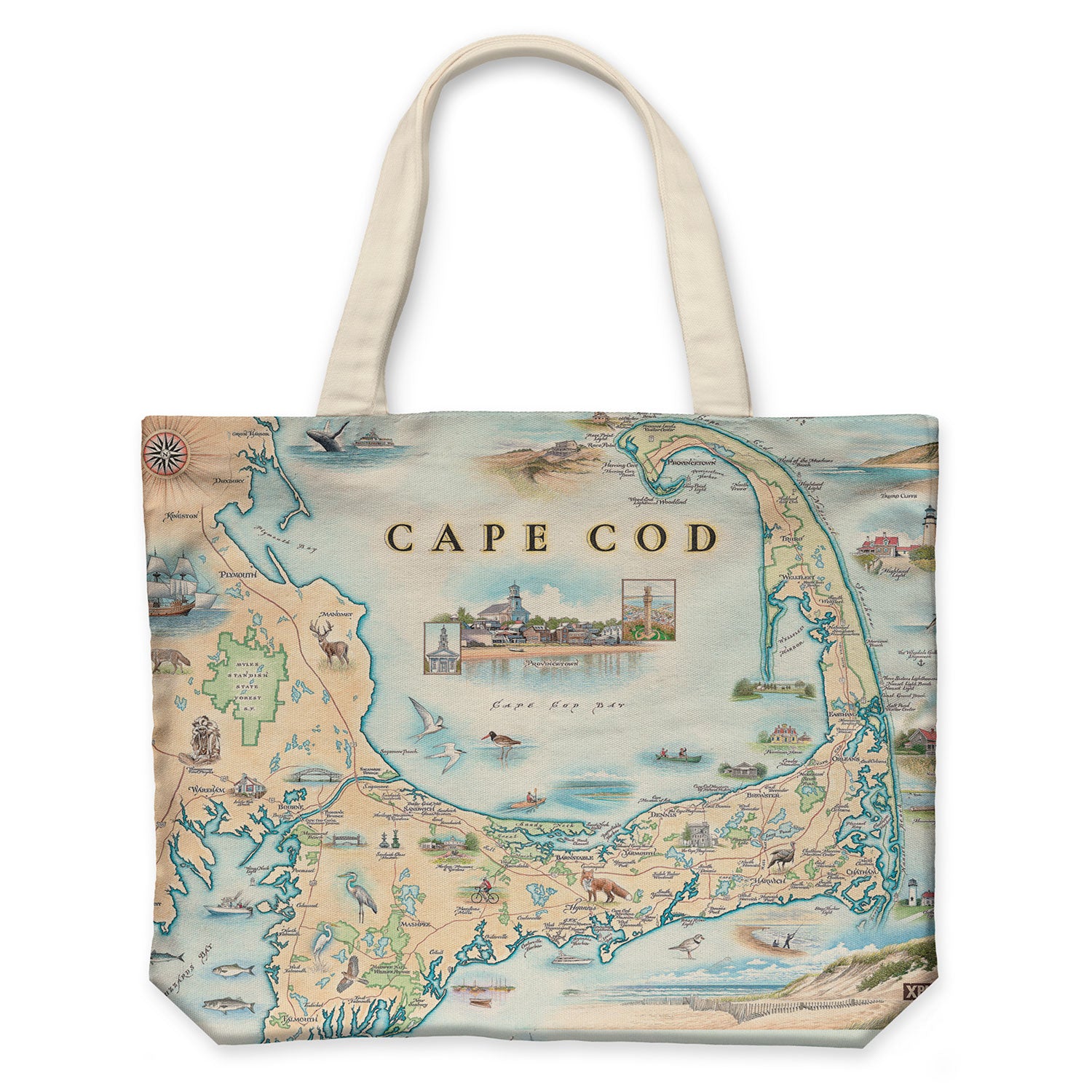 Canvas tote bag with a printed map of Cape Cod on both sides, featuring various towns and landmarks.