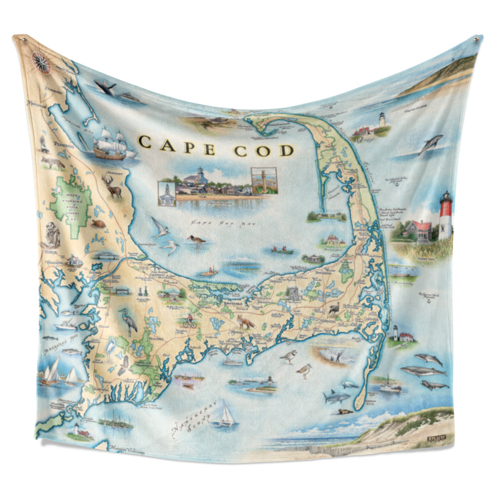 Hanging fleece blanket. A full-color map of Cape Cod on a warm fleece blanket. Measures 50"x58."