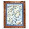 Chesapeake Bay hand-drawn map in a Montana hand-scraped pine wood frame with blue mat.
