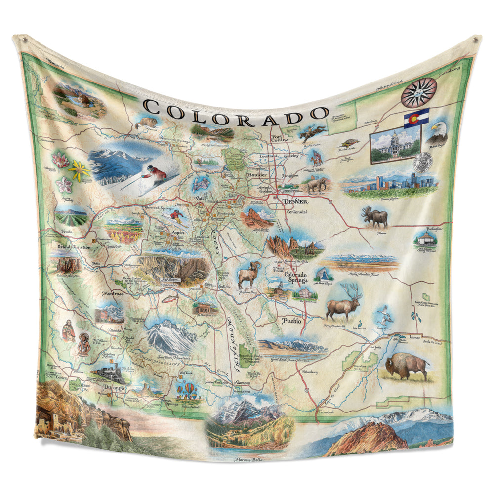 Hanging Colorado map. Stunning hand-drawn artwork of Colorado on blanket. Measures 58"x50."