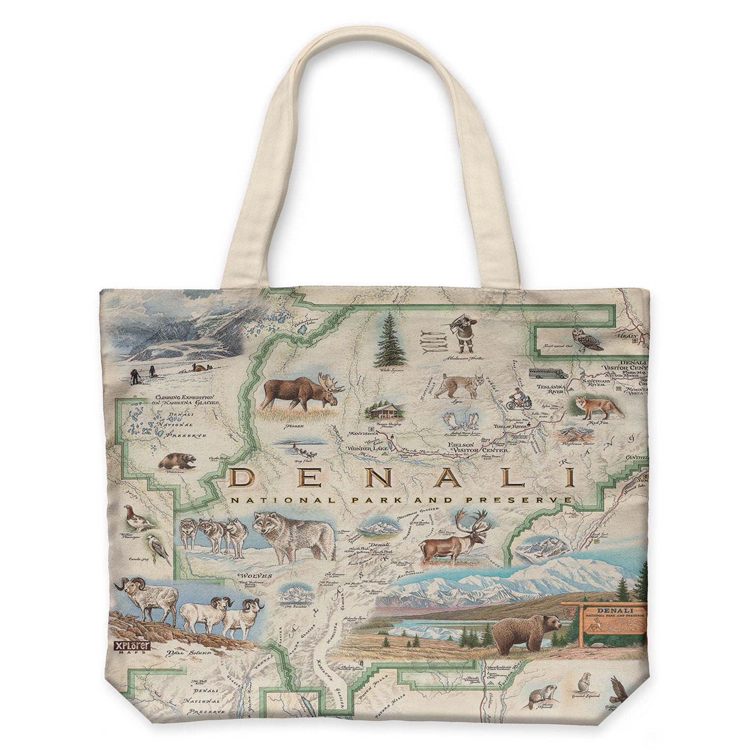 Tote bag with a map design of Denali National Park and Preserve featuring animals and landscapes.