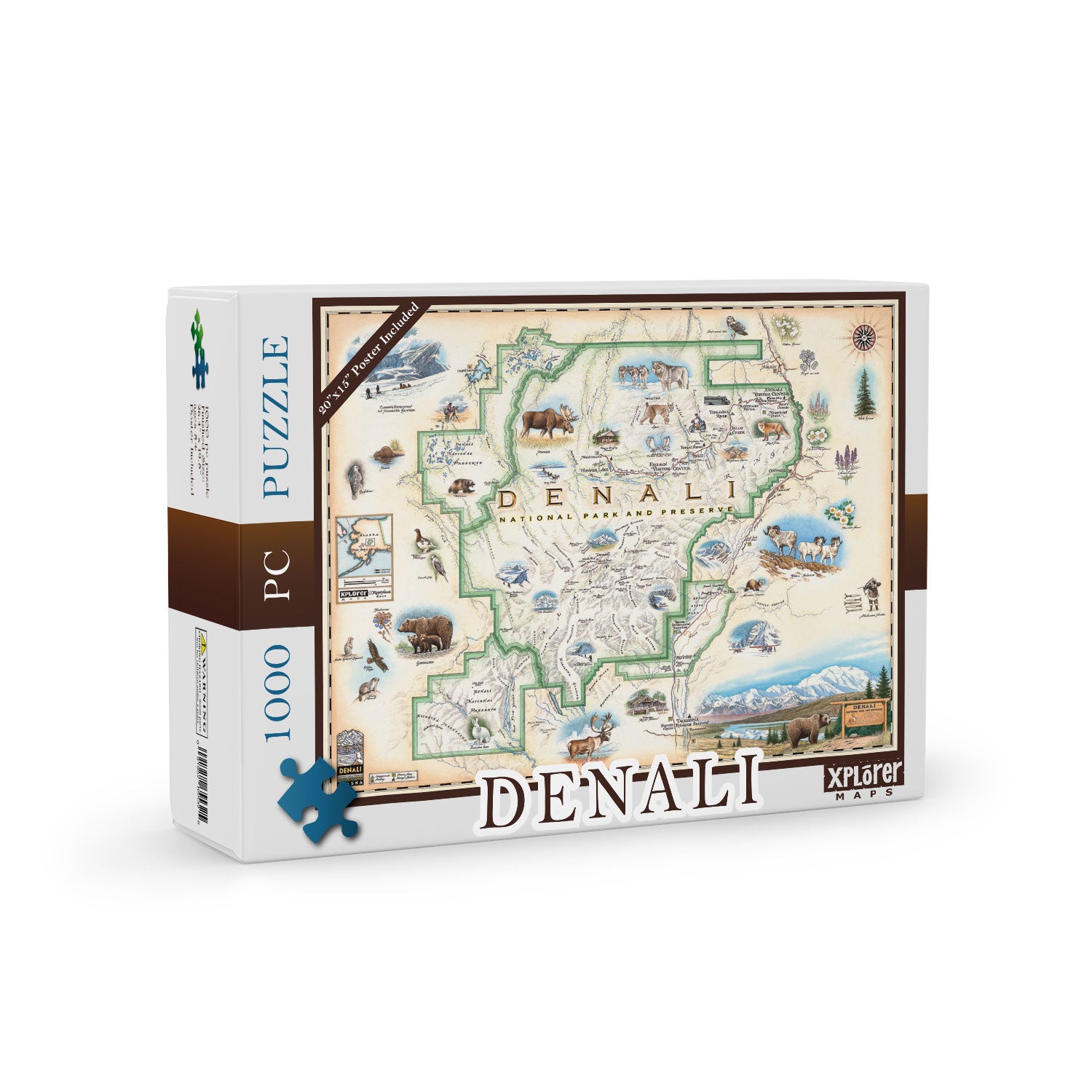 Denali National Park map 1000-piece jigsaw puzzle. Featuring illustrations of the major flora and fauna found in the park, such as grizzly bears, wolverines, moose, lynx, Dall sheep, and many more. Major attractions are illustrated on the map, like the Talkeetna Visitor Center, Denali Visitor Center, Ruth Glacier, and Kahiltna Glacier.