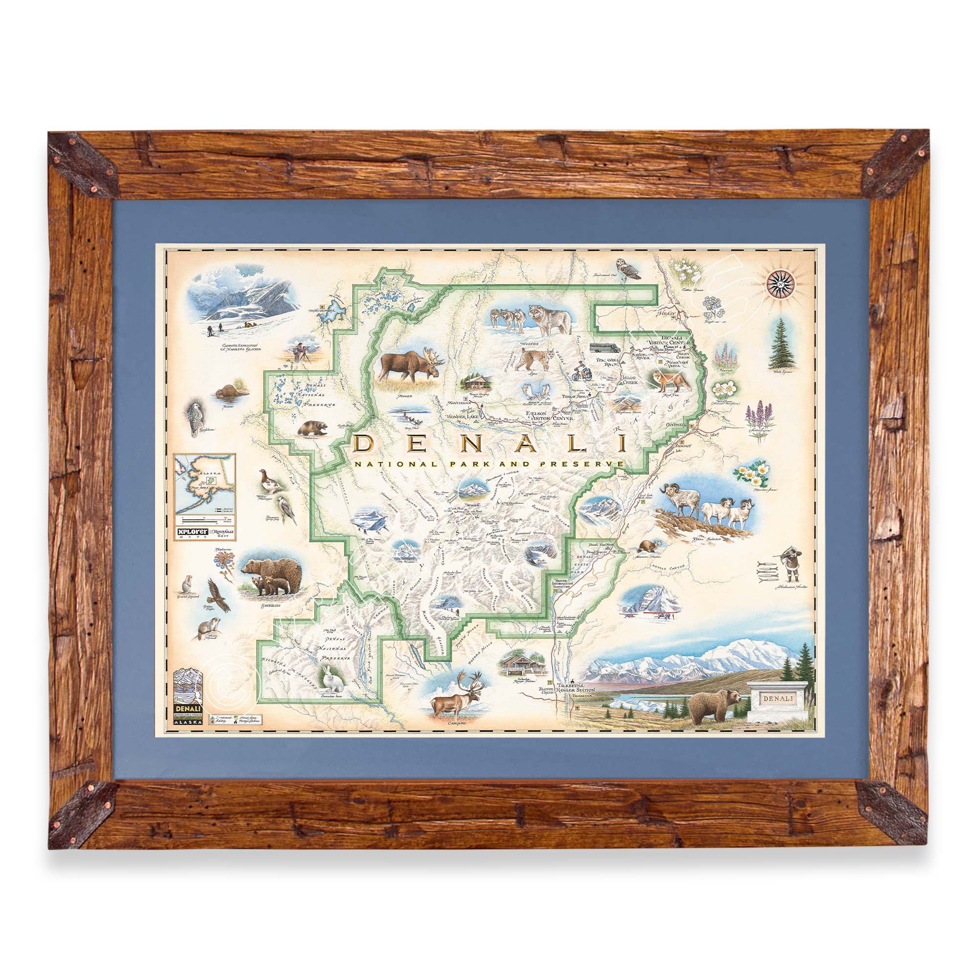 Denali National Park hand-drawn map in a Montana hand-scraped pine wood frame with blue mat.
