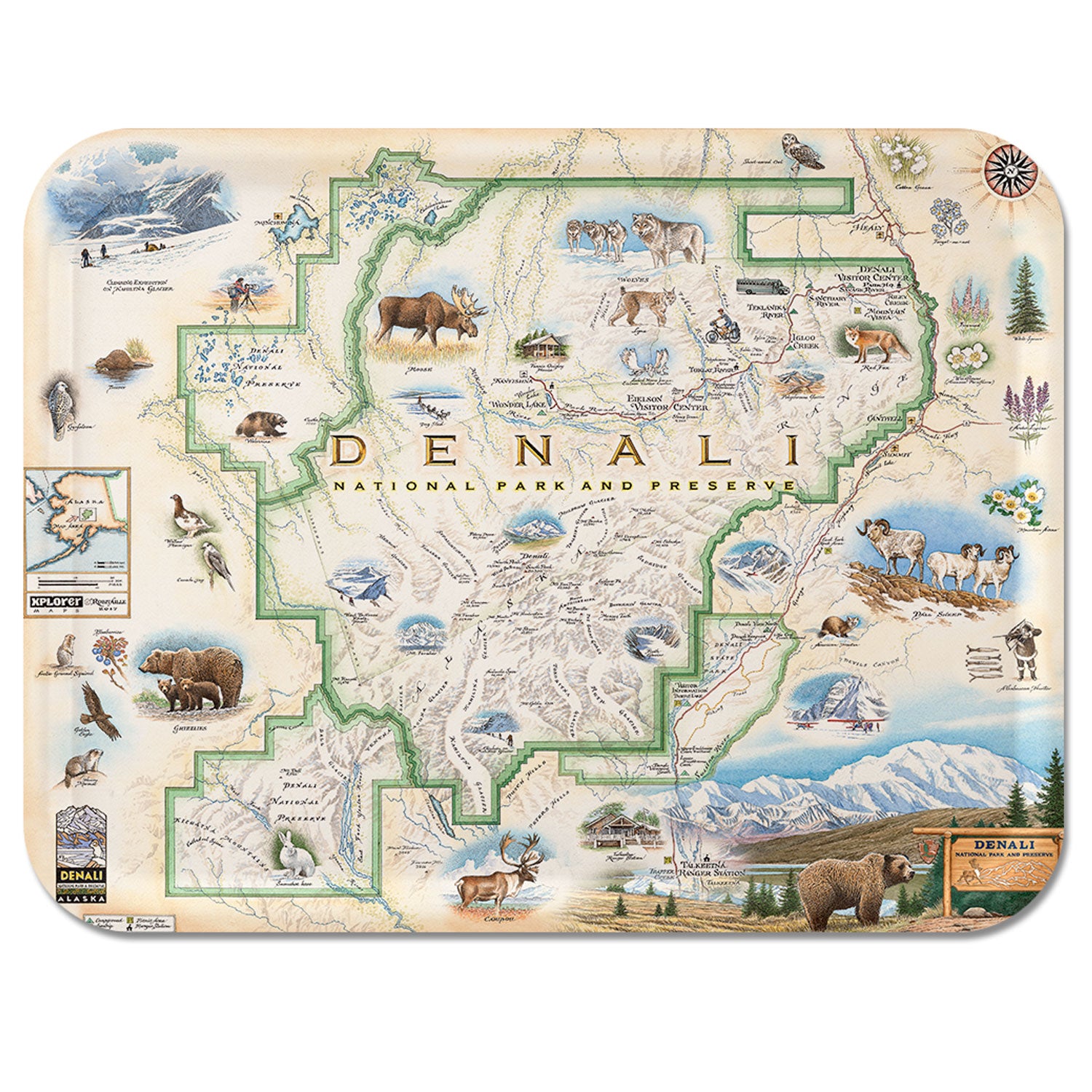 A handcrafted birchwood serving tray featuring a hand-illustrated map of Denali National Park & Preserve by artist Chris Robitaille, with a durable matte melamine finish.