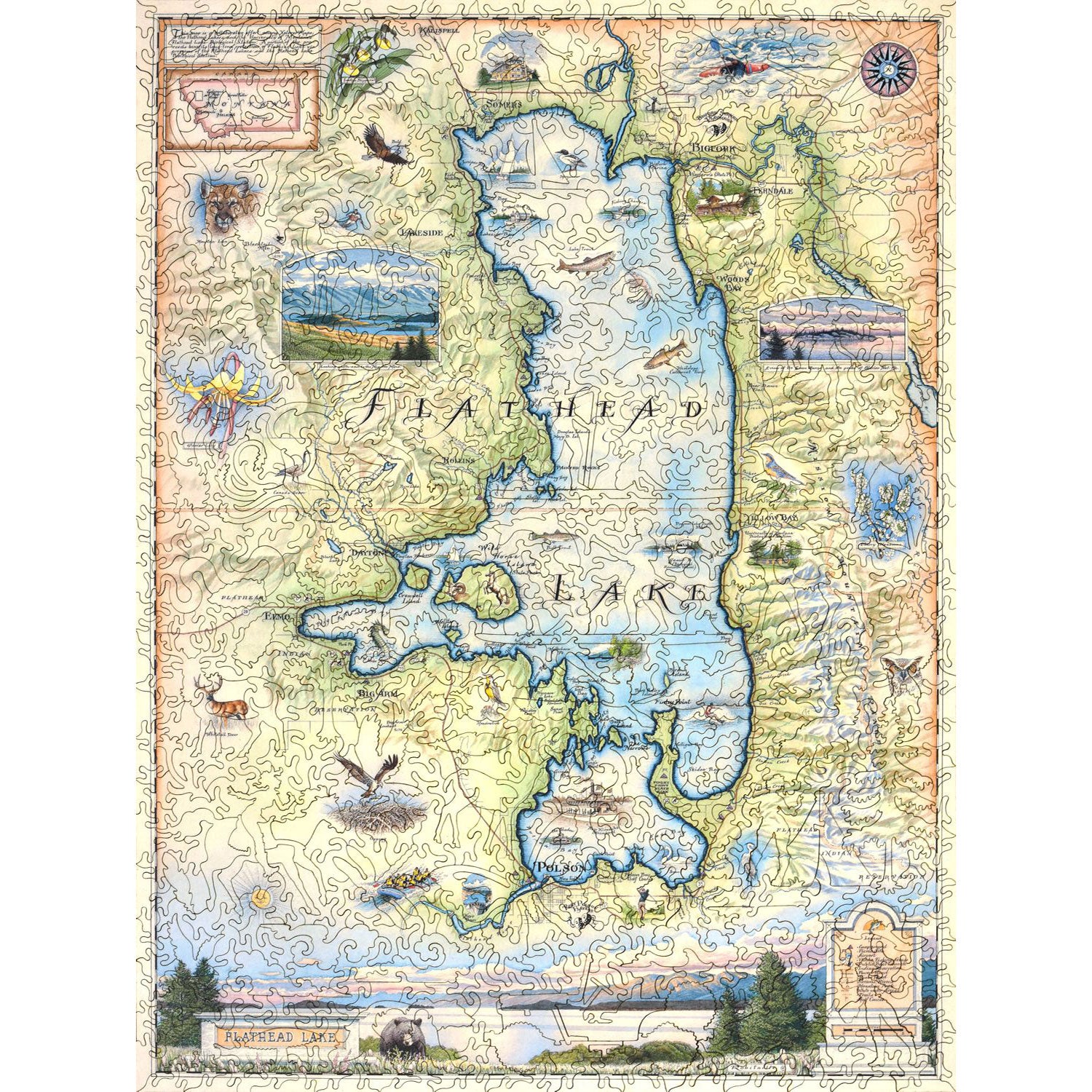 Decorative map of Flathead Lake with illustrations and text