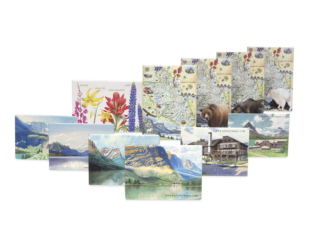 Glacier National Park Magnet set with a grizzly bear, moose, mountain goat, wild flowers, Glacier Lodge, Bowman Lake, Mini Glacier, Lake McDonald, Grinell.  