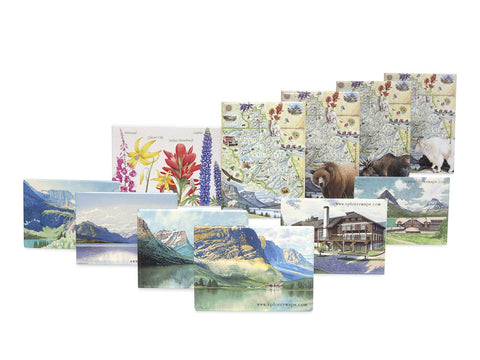 Glacier National Park Magnet set with a grizzly bear, moose, mountain goat, wild flowers, Glacier Lodge, Bowman Lake, Mini Glacier, Lake McDonald, Grinell.  