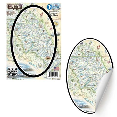 Glacier National Park Map Sticker by Xplorer Maps. Features places in the park such as Logan Pass, Lake McDonald Lodge, Many Glacier Lodge, Two Medicine, Glacier Park Lodge, and the Going-to-the-sun Road. Flora and fauna include grizzly bears, elk, moose, mountain goats, and mountain lions.