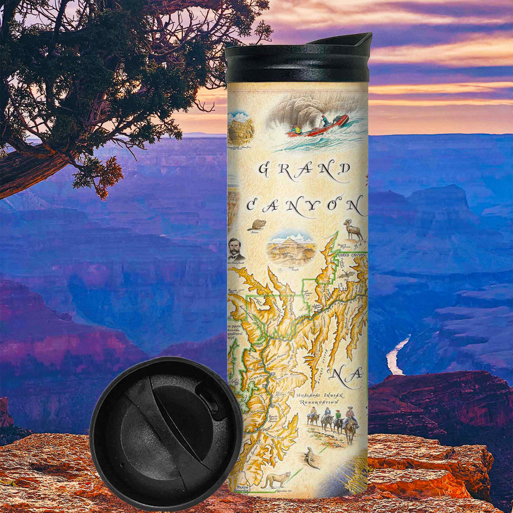 Grand Canyon National Park Map Travel Drinkware sitting on a cliff with canyons and ponderosa pine trees in the background. The map features the Colorado River, red rock, Mather Point, Yavapai Observation Station, and architect Mary Colter’s Lookout Studio and her Desert View Watchtower. illustrations of activities like whitewater rafting and mule riding, along tortoise, California Condor, and Beavertail Cactus.