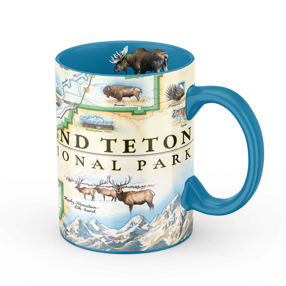 Wyoming's Grand Teton National Park Coffee Mug. Featuing Elk, bison, moose, and more! Blue - 16 oz