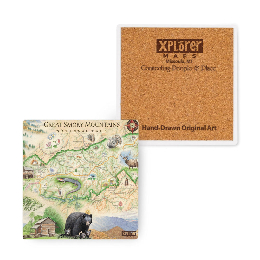  4" x 4" Great Smoky Mountains National Park Map Ceramic Coasters by Xplorer Maps. The map depicts the entire National Park on the border of North Carolina and Tennessee. It features illustrations of a salamander, woodpecker, Clingman's Dome, Sugarland's Visitor Center, and Oconoluftee Visitor Center. 