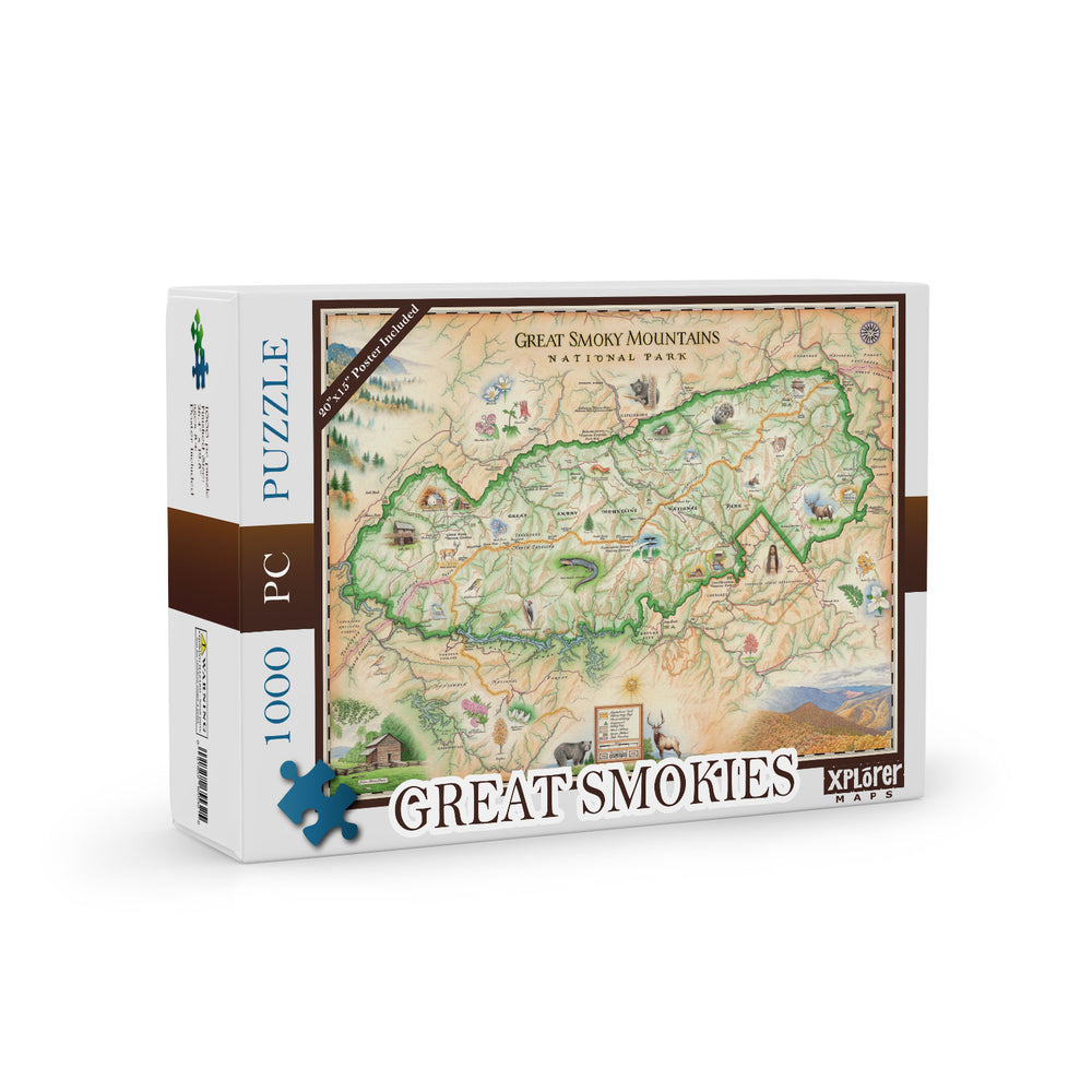 Great Smoky Mountains National Park map 1000-piece jigsaw puzzle. The map depicts the entire National Park on the border of North Carolina and Tennessee. It features illustrations of a salamander, woodpecker, Clingman's Dome, Sugarland's Visitor Center, and Oconoluftee Visitor Center.