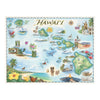 Hawaii state hand-drawn map in earth tones blue and green. The map features the islands of Hawaii, Maui, Kaho'olawe, Lanai, Molokai, Oahu, Kauai, and Ni'ihau. Flora and fauna of islands include, the Scarlet Honeycreeper, Lokelani Rose, and green sea turtles. Other illustrations include statue of King Kamehameha, Pearl Harbor National Memorial, and Mauna Loa erupting. Measures 24x18."﻿