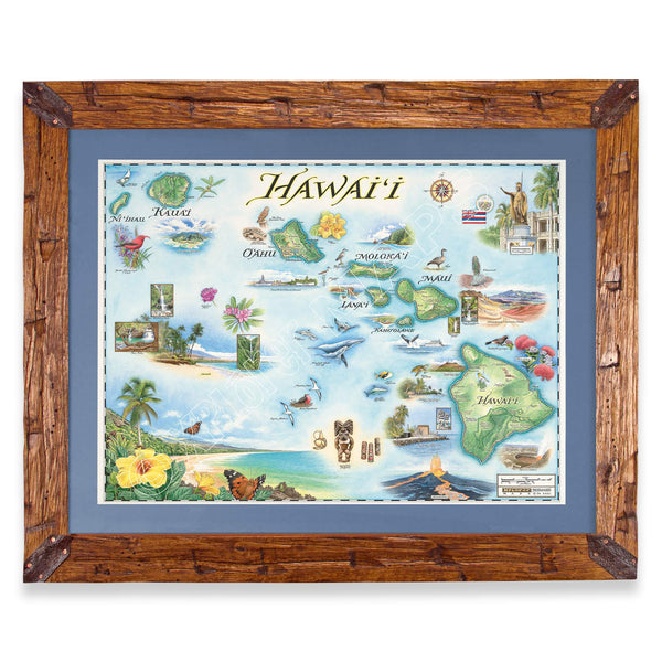 Hawaii State Hand-Drawn Map in earth tones blues and greens. The map print is framed in Montana hand-scraped pine with a blue mat.
