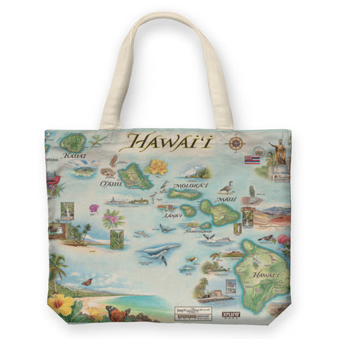 Hawai'i Islands Map Canvas Tote Bags by Xplorer Maps. Features the islands of Hawai'i, Maui, Kaho'olawe, Lanai, Molokai, Oahu, Kauai, and Ni'ihau. Flora and fauna of islands include the Scarlet Honeycreeper, Lokelani Rose, and green sea turtles. Other illustrations include a statue of King Kamehameha, the Pearl Harbor National Memorial, and Mauna Loa erupting.