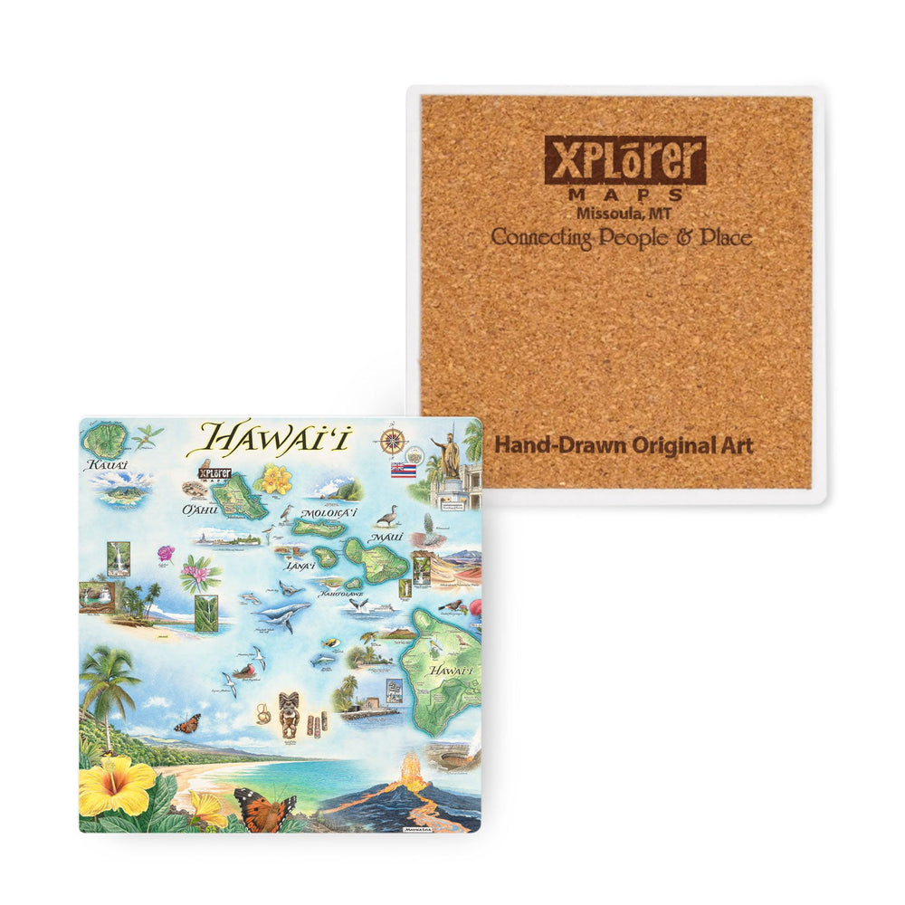  4" x 4"  Hawai'i Islands Map Ceramic Coasters by Xplorer Maps. Features the islands of Hawai'i, Maui, Kaho'olawe, Lanai, Molokai, Oahu, Kauai, and Ni'ihau. Flora and fauna of islands include the Scarlet Honeycreeper, Lokelani Rose, and green sea turtles. Other illustrations include a statue of King Kamehameha, the Pearl Harbor National Memorial, and Mauna Loa erupting.