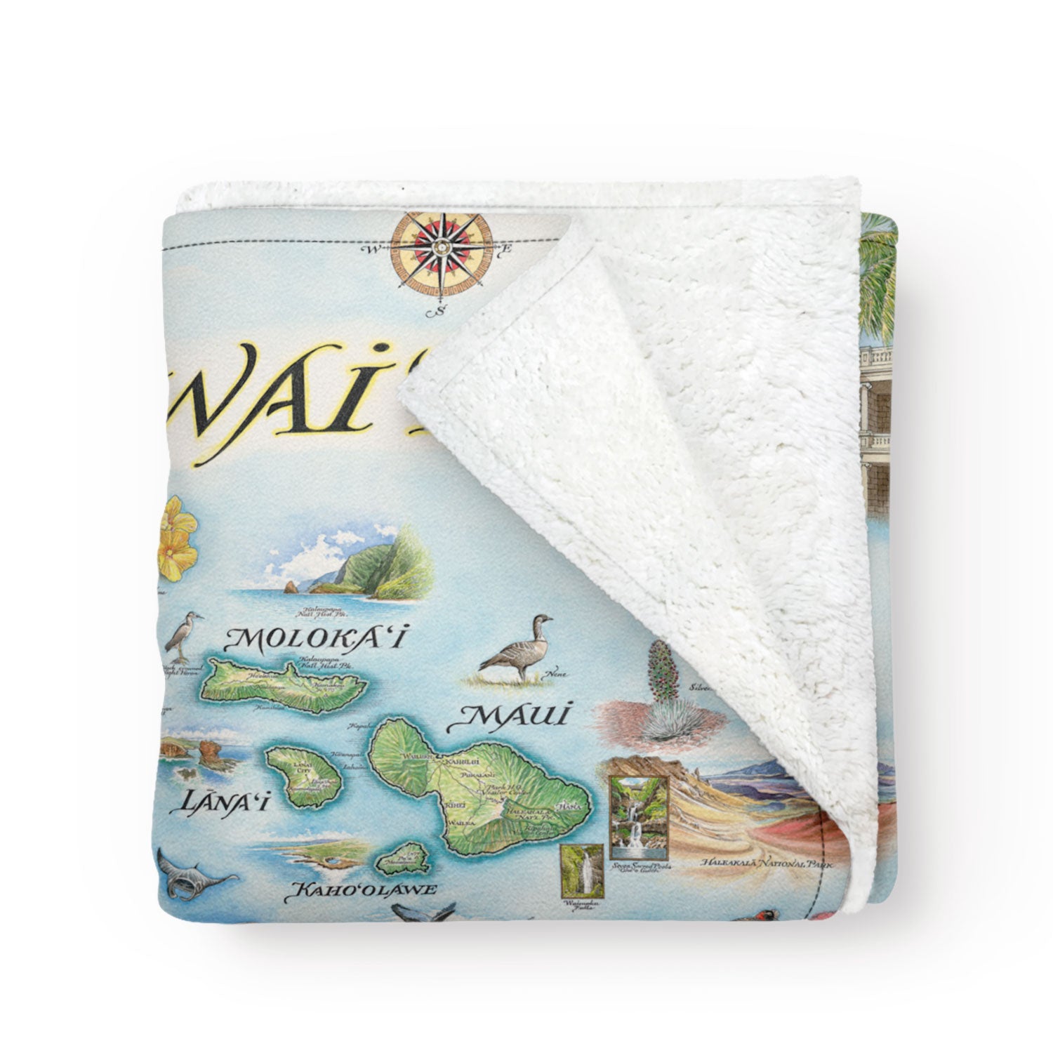 Folded blanket depicting a map of Hawaii. Warm and cozy blanket.