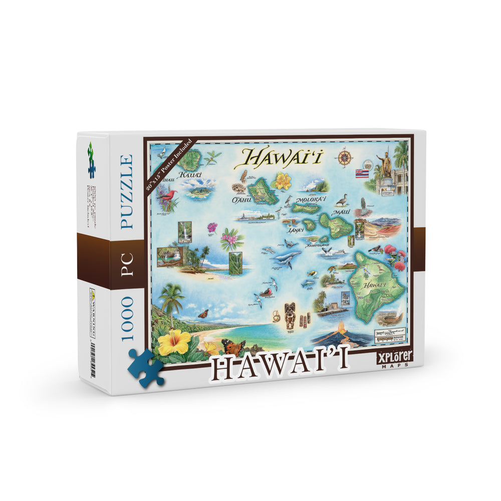 Hawaii Islands map 1000-piece jigsaw puzzle. The map features the islands of Hawaii, Maui, Kaho'olawe, Lanai, Molokai, Oahu, Kauai, and Ni'ihau. Flora and fauna of islands include the Scarlet Honeycreeper, Lokelani Rose, and green sea turtles. Other illustrations include a statue of King Kamehameha, the Pearl Harbor National Memorial, and Mauna Loa erupting.