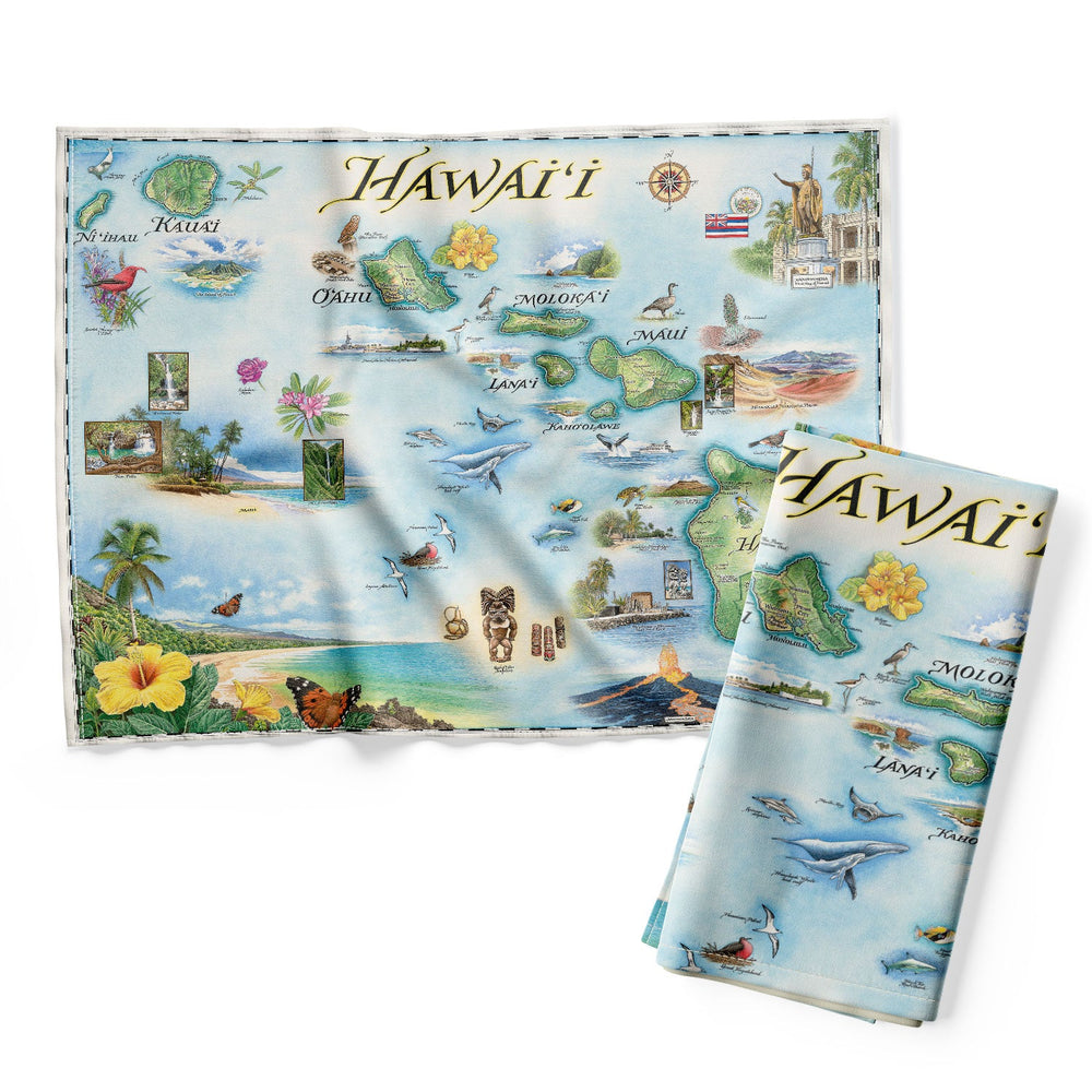 Hawaii Islands Map Kitchen Dishwashing Towel in earth tones colors of blue and green. Features the islands of Hawaii, Maui, Kaho'olawe, Lanai, Molokai, Oahu, Kauai, and Ni'ihau. Flora and fauna of islands include the Scarlet Honeycreeper, Lokelani Rose, and green sea turtles. Other illustrations include a statue of King Kamehameha, the Pearl Harbor National Memorial, and Mauna Loa erupting.