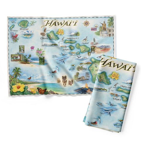 Hawaii Islands Map Kitchen Dishwashing Towel in earth tones colors of blue and green. Features the islands of Hawaii, Maui, Kaho'olawe, Lanai, Molokai, Oahu, Kauai, and Ni'ihau. Flora and fauna of islands include the Scarlet Honeycreeper, Lokelani Rose, and green sea turtles. Other illustrations include a statue of King Kamehameha, the Pearl Harbor National Memorial, and Mauna Loa erupting.