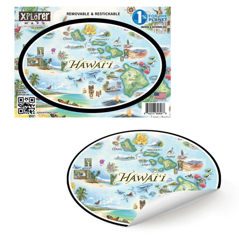 Hawai'i State Map Sticker by Xplorer Maps. Features the islands of Hawai'i, Maui, Kaho'olawe, Lanai, Molokai, Oahu, Kauai, and Ni'ihau. Flora and fauna of islands include the Scarlet Honeycreeper, Lokelani Rose, and green sea turtles. Other illustrations include a statue of King Kamehameha, the Pearl Harbor National Memorial, and Mauna Loa erupting.