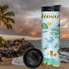 Hawaii Islands map travel bottle sitting on an island with palm trees and a rocky ocean coastline. The map features the islands of Hawai'i, Maui, Kaho'olawe, Lanai, Molokai, Oahu, Kauai, and Ni'ihau. Flora and fauna of islands include the Scarlet Honeycreeper, Lokelani Rose, and green sea turtles. Other illustrations include a statue of King Kamehameha, the Pearl Harbor National Memorial, and Mauna Loa erupting.