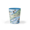 Isle Royale National Park Map Ceramic shot glass by Xplorer Maps. The map features flora and fauna such wolf, moose, Pink Lady Slippers, and Thimbleberries. Other illustrations include Lookout Louise, Rock of Ages Lighthouse, and the Rocky Harbor Lodge. 