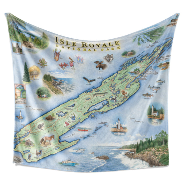 Hanging blanket with a map of Isle Royale National Park on it. Hand-drawn artwork. Full-color map. Blanket measures 58"x50."