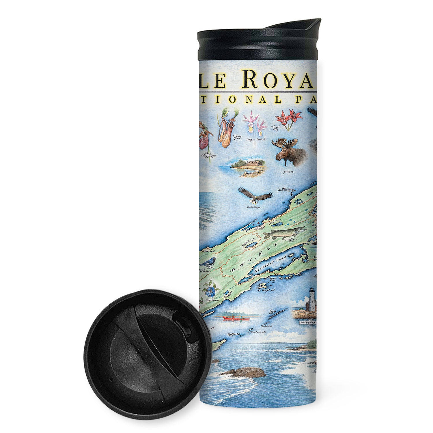 Michigan's Isle Royale National Park Map travel drinkware by Xplorer Maps. The map features flora and fauna such wolf, moose, Pink Lady Slippers, and Thimbleberries. Other illustrations include Lookout Louise, Rock of Ages Lighthouse, and the Rocky Harbor Lodge. 