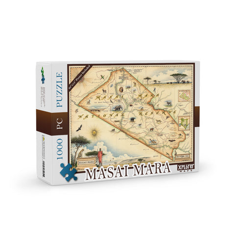 Masai Mara National Reserve Jigsaw Puzzle. The map features illustrations such as elephant, ostrich, giraffe, lion, rhinoceros, Mara Serena Lodge, Mara Intrepids Camp, and Keekorok Lodge.  