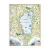 Lake Tahoe Hand-drawn map in colors green and blue. Bordering Nevada, this destination map features the land's topography along with the area's flora and fauna, such as Emerald Bay, Cove Rock, Thunderbird Lodge, and Cal Neva Lodge & Resort.
