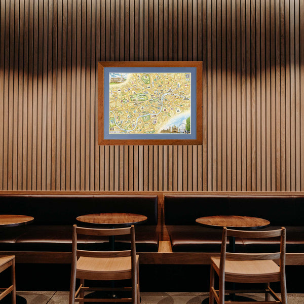 London, England hand-drawn map in earth tones brown and orange. The map features the intricate city layout of London, England. Featured illustrations include a double-decker red bus, Kensington, Buckingham Palace, and Regent's Park. Measures 24x18."