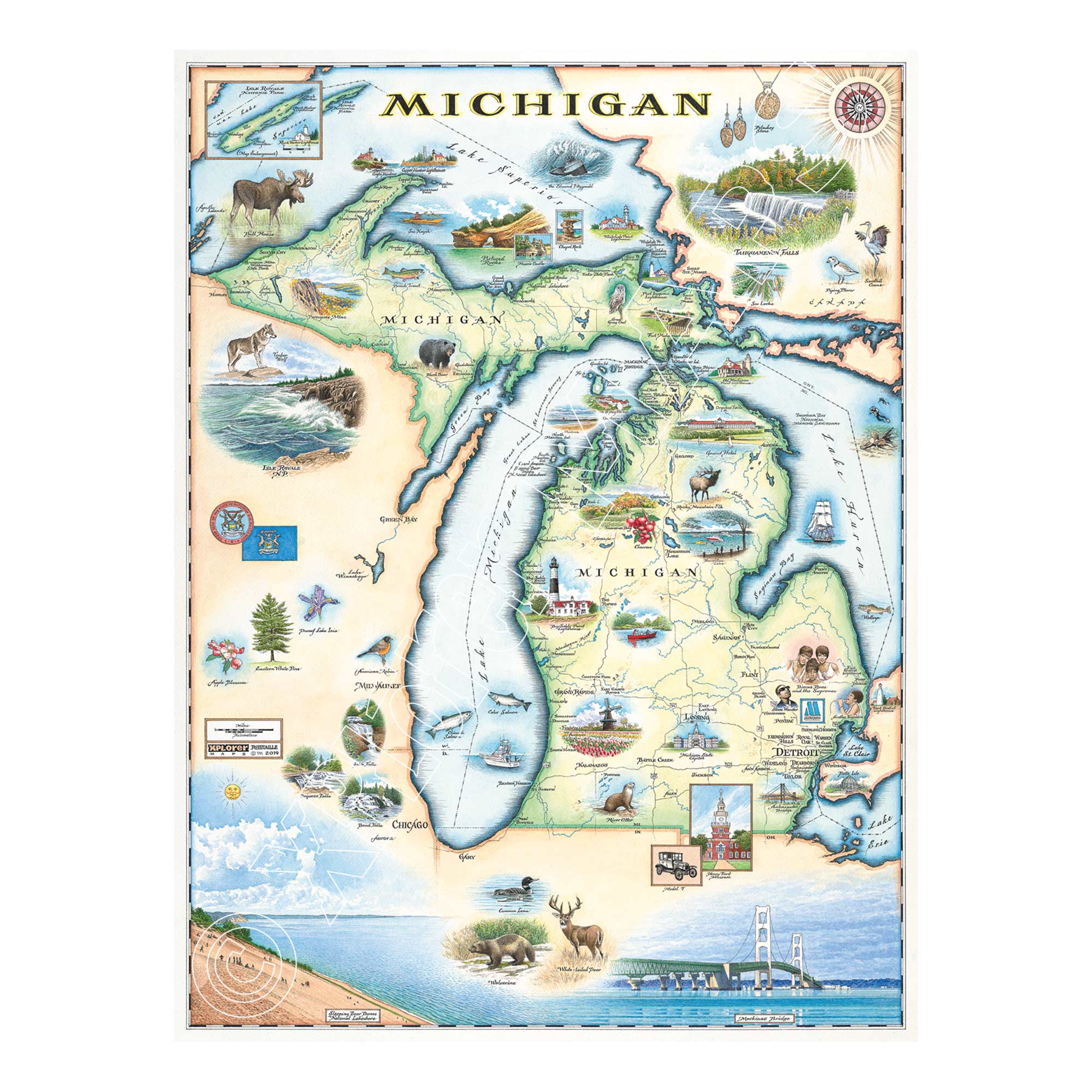 Michigan State Hand-Drawn Map in earth tones. 