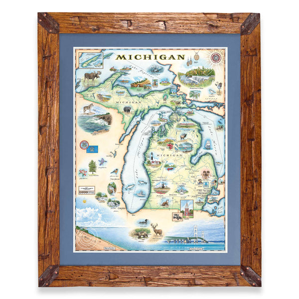 Michigan State framed hand-drawn map. The print is framed in  Montana's Flathead Lake Larch with a blue mat. 