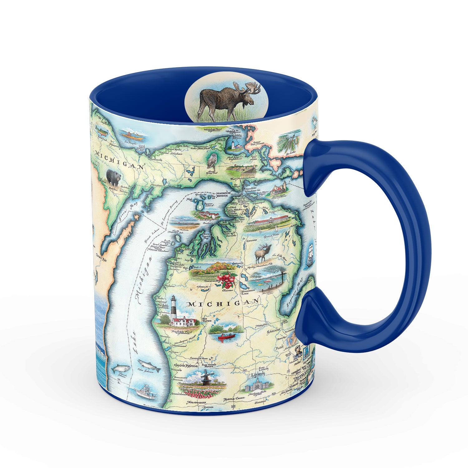 Blue 16 oz Michigan state ceramic coffee mug. The cup features moose, elk, bear, great lakes, lighthouse, fish, Kalamazoo windmill, Detroit, Lansing, Stevie Wonder, Ford Model T, cherries, wolverine, loons, and owls. 