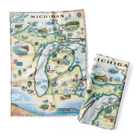 Michigan State Map Kitchen Dishwashing Towel featuring the Great Lakes, Detroit, Ann Arbor, Grand Rapids, and Lansing in earth tones of blue and greens. The tea towel also features  Nature, animals, ducks, deer, fish, moose lighthouses, wolverines, and the Mackinac Bridge.