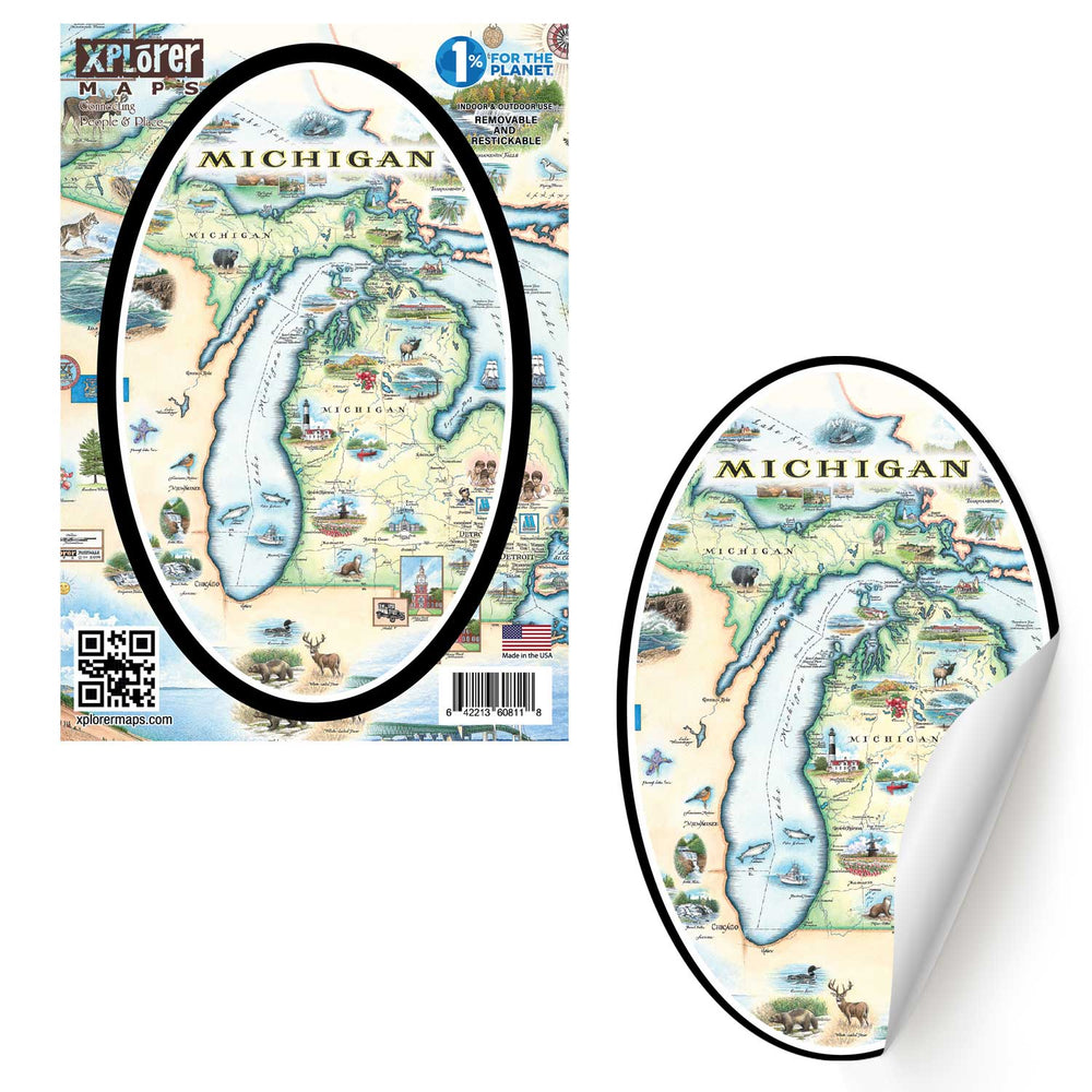 Michigan State Map Stickers by Xplorer Maps. Featuring the Great Lakes, Detroit, Ann Arbor, Grand Rapids, and Lansing. The Print also features Nature, animals, ducks, deer, fish, moose lighthouses, wolverines, and the Mackinac Bridge.